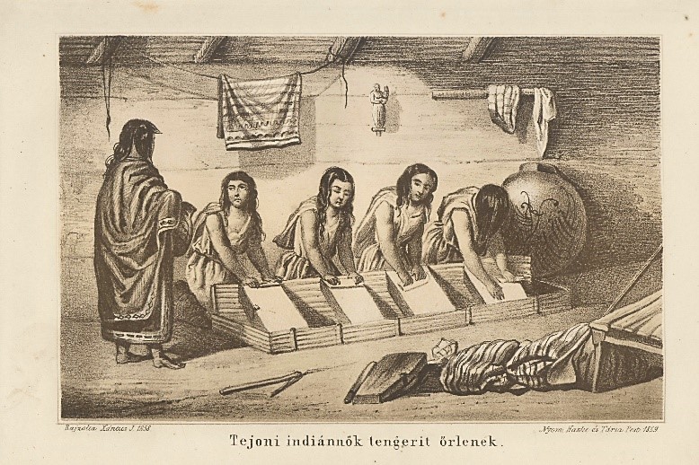 Tejon nők tengerit őrölnek. Xántus János rajza alapján